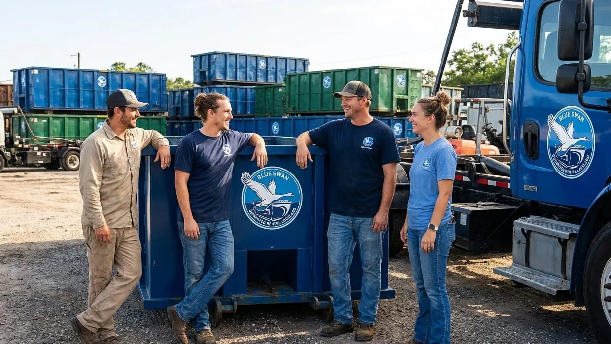 The Blue Swan Dumpster Rental Lakeland crew talking through the day’s routes at the yard The Blue Swan Dumpster Rental Lakeland crew talking through the day’s routes at the yard