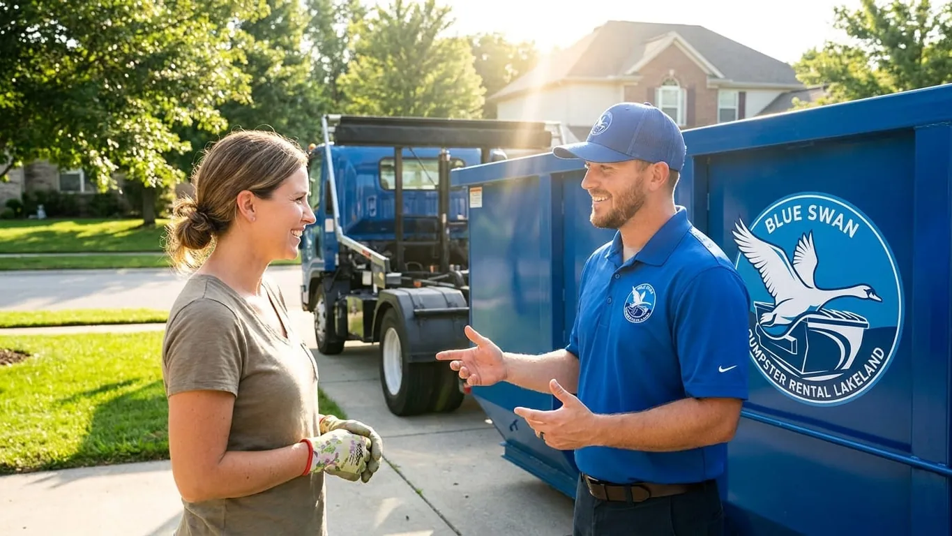 Blue Swan Dumpster Rental team member answering customer questions in Lakeland, Florida Blue Swan Dumpster Rental team member answering customer questions in Lakeland, Florida