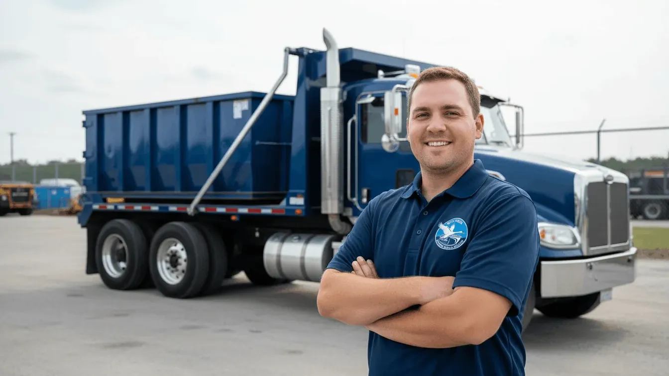 A Blue Swan Dumpster Rental Lakeland driver beside the roll-off truck fleet on Combee Road A Blue Swan Dumpster Rental Lakeland driver beside the roll-off truck fleet on Combee Road