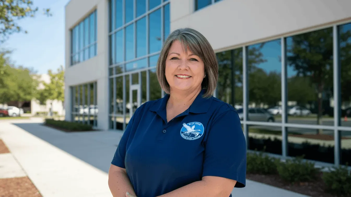 Lakefront property cleanouts in Lakeland, Florida — placing a loaded container safely back from the water